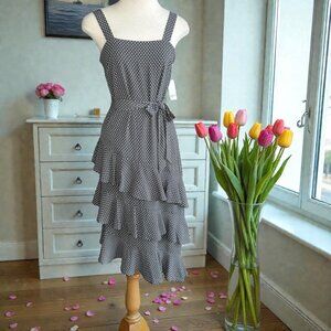 Bar III NEW Gray White Polka Dot Tiered Ruffle Asymmetrical Hem Dress NWT Size 2